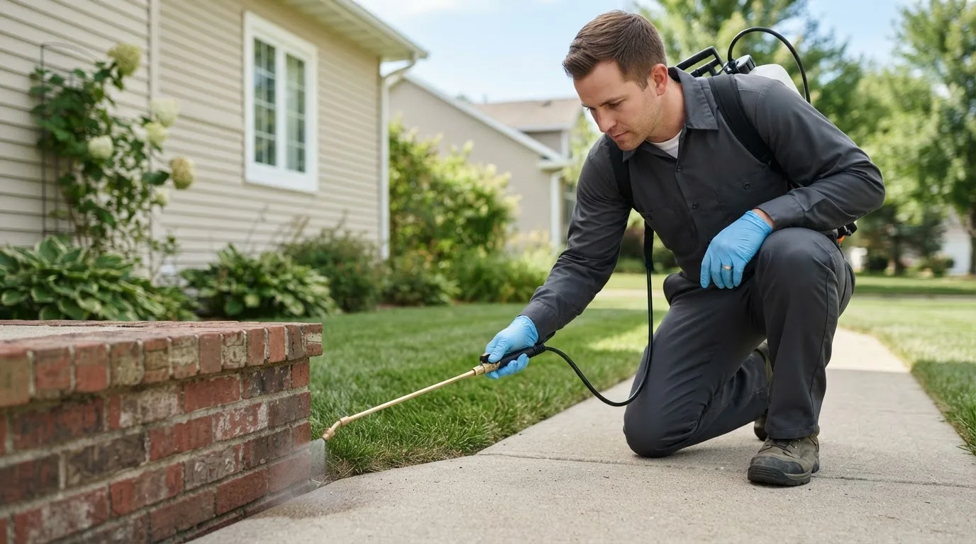 Pest control technician treating a home near Perrysville, IN