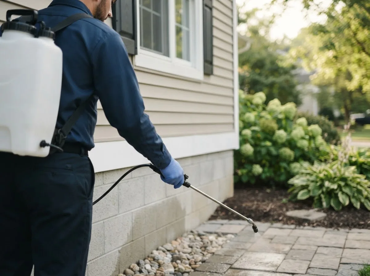 Pest control technician inspecting a home in Perrysville, IN